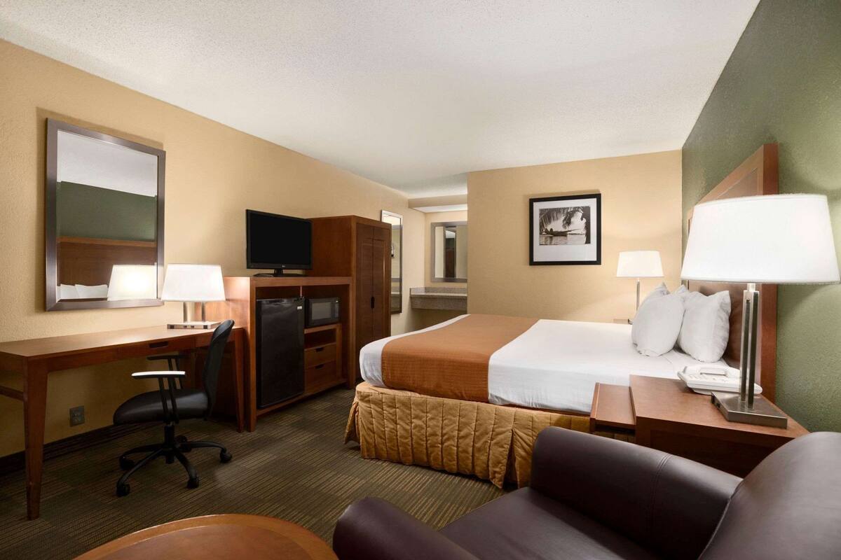 A hotel room with a bed, desk, chair, television, refrigerator, and a picture on the wall.