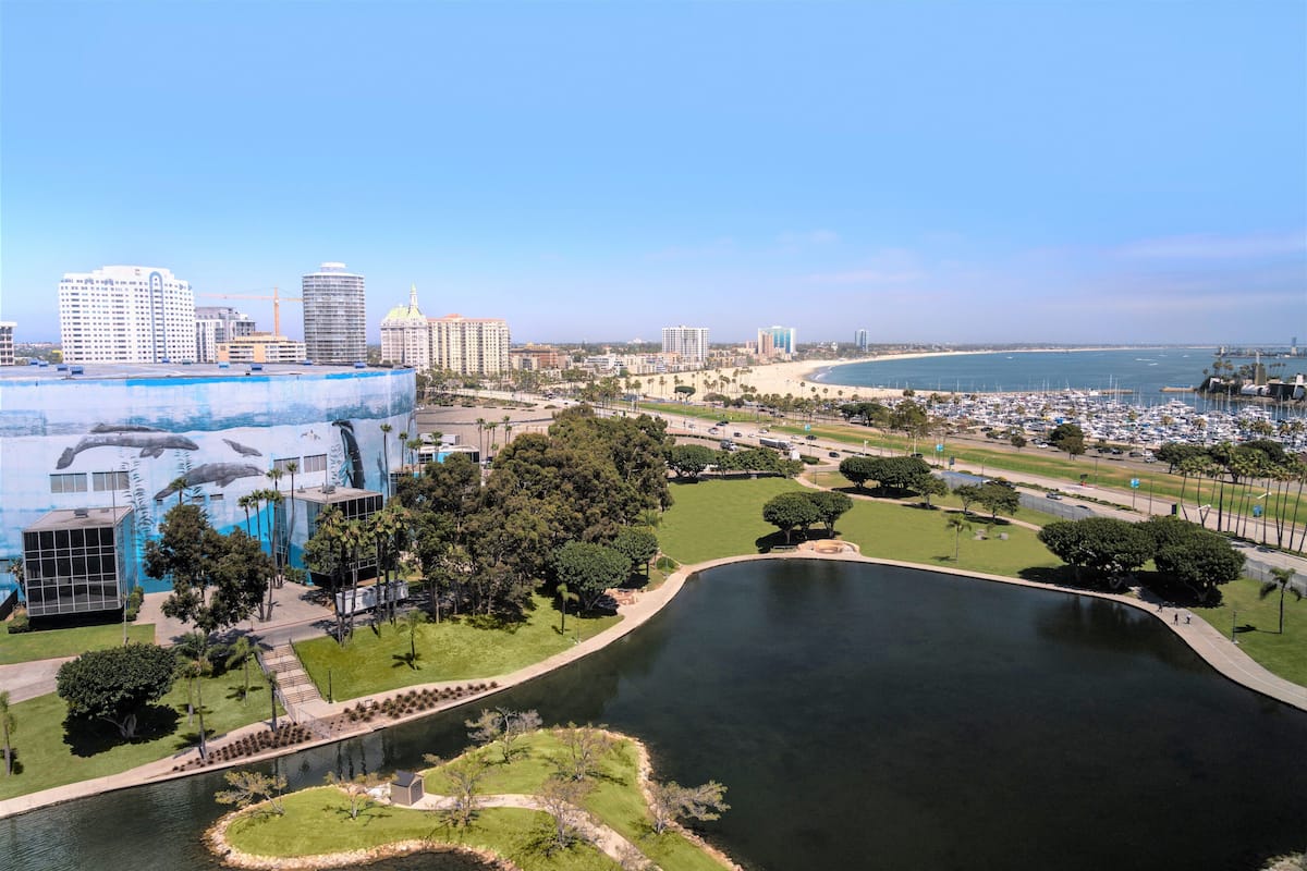 A coastal cityscape with a marina, a large body of water, and a park with trees and a walking path.