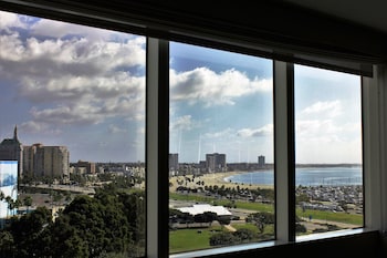 Hotel room view looking out at Hyatt Regency Long Beach