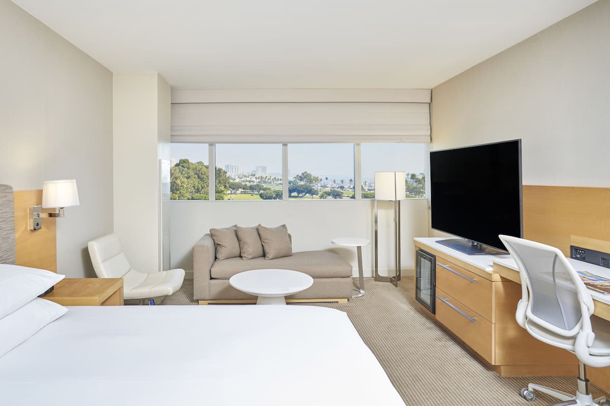A hotel room with a bed, a sofa, a desk with a TV, and a view of a cityscape.