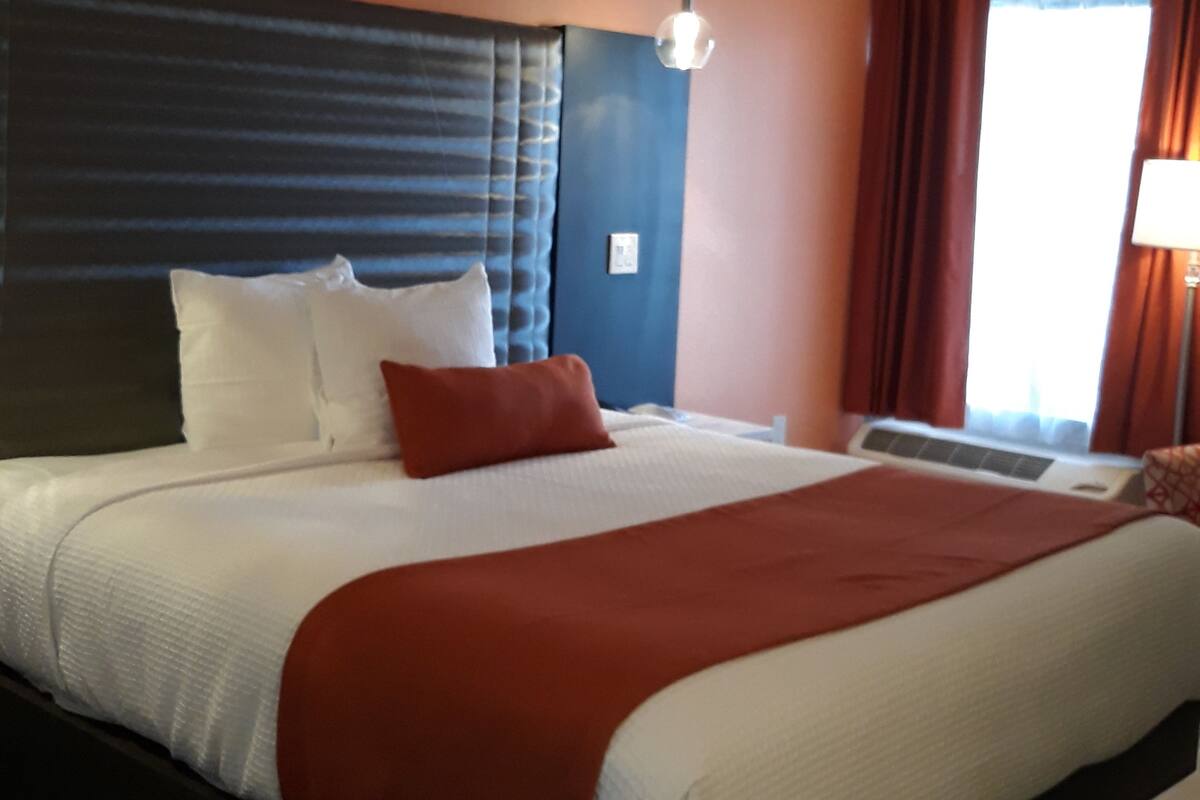 A hotel room with a large bed, a headboard, a bedside table, and a window with curtains.