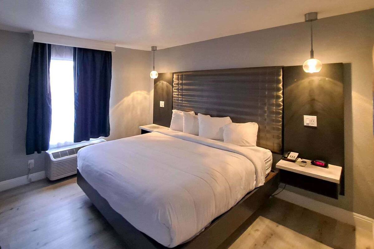 A modern hotel room with a large bed, bedside tables, a heater, and a window with curtains.
