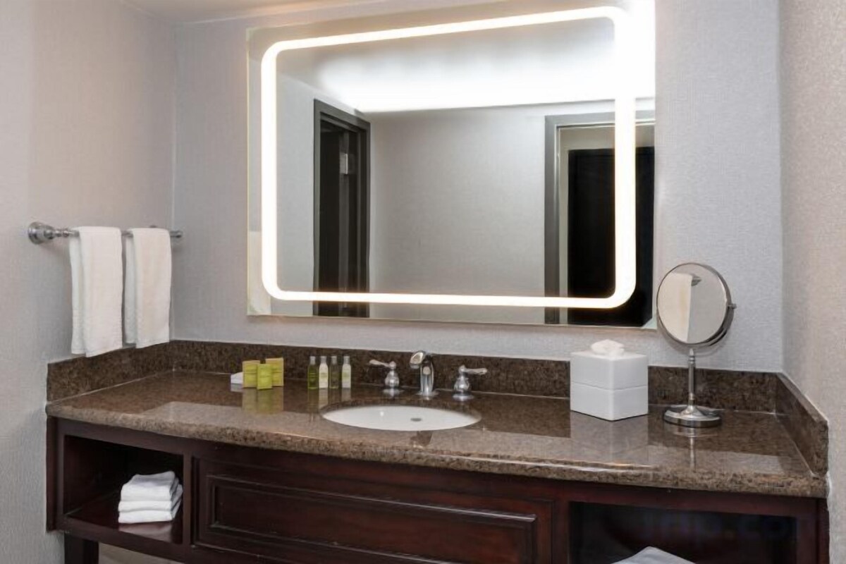 Combined shower/tub, free toiletries, hair dryer, towels