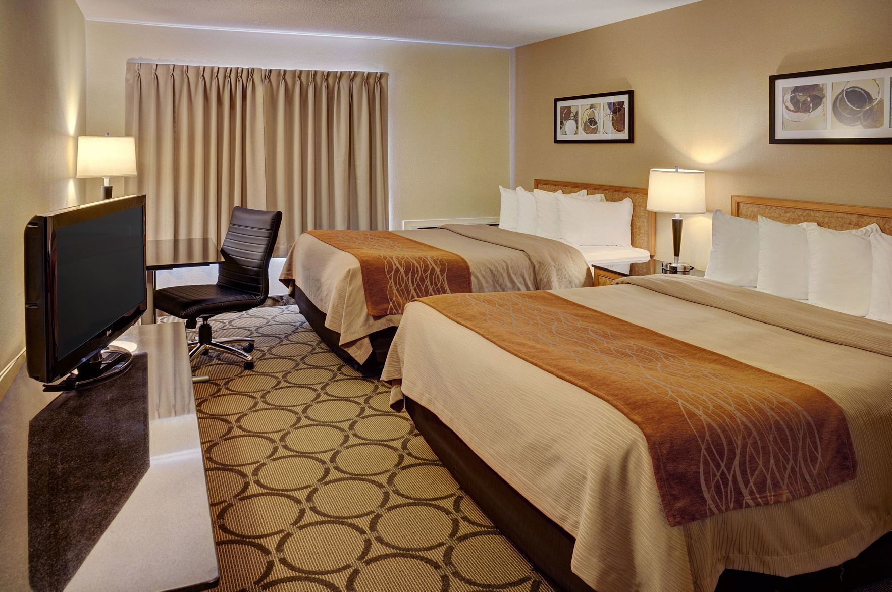 Premium bedding, desk, blackout curtains, iron/ironing board