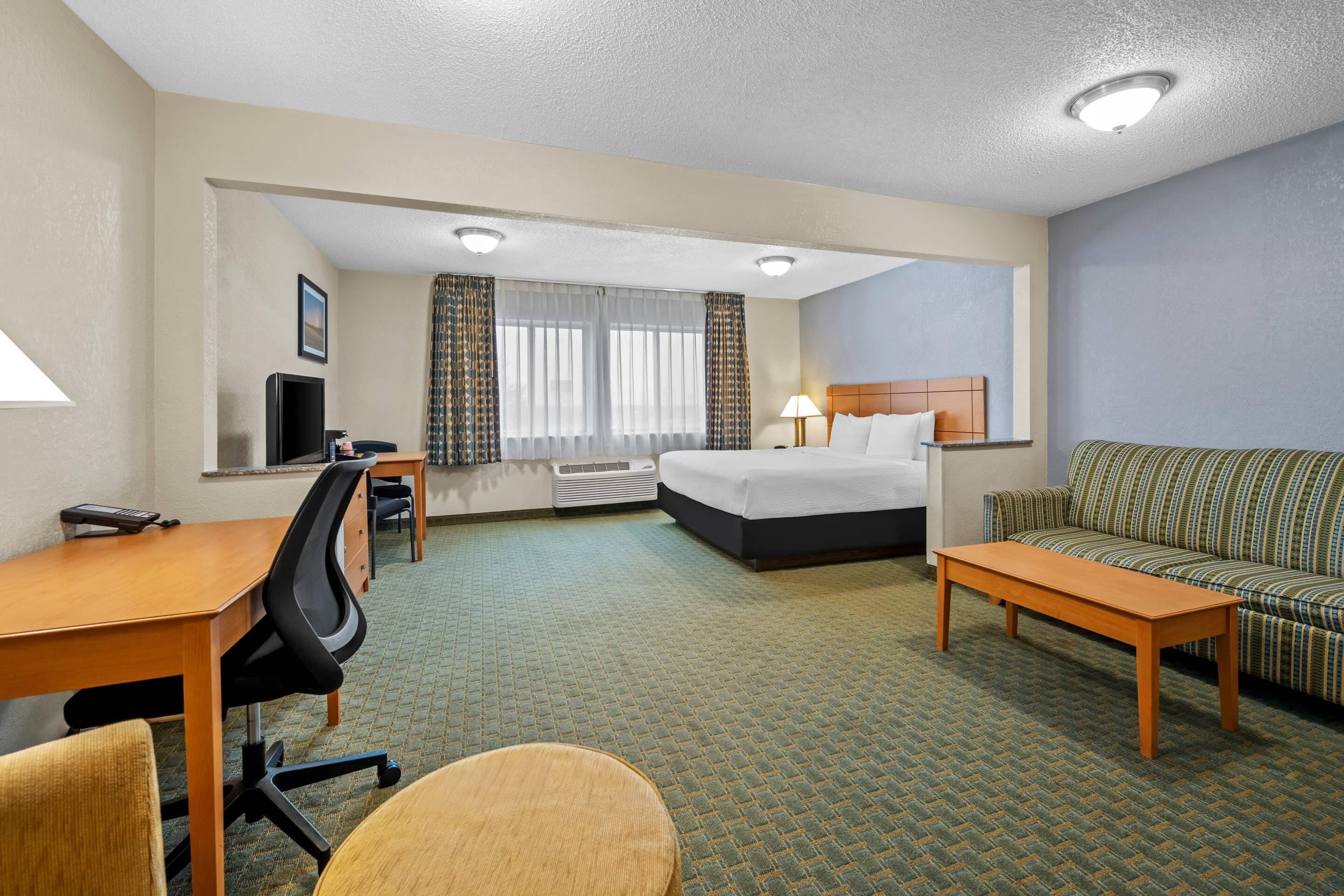 A hotel room with a bed, a desk, a chair, a sofa, and a television.