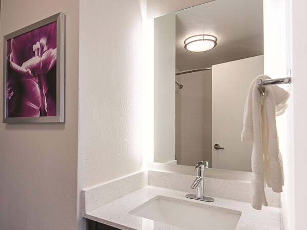 A bathroom with a white sink, a mirror, and a framed picture on the wall. - La Quinta Inn & Suites by Wyndham Portland DT/Maine Med (Portland)