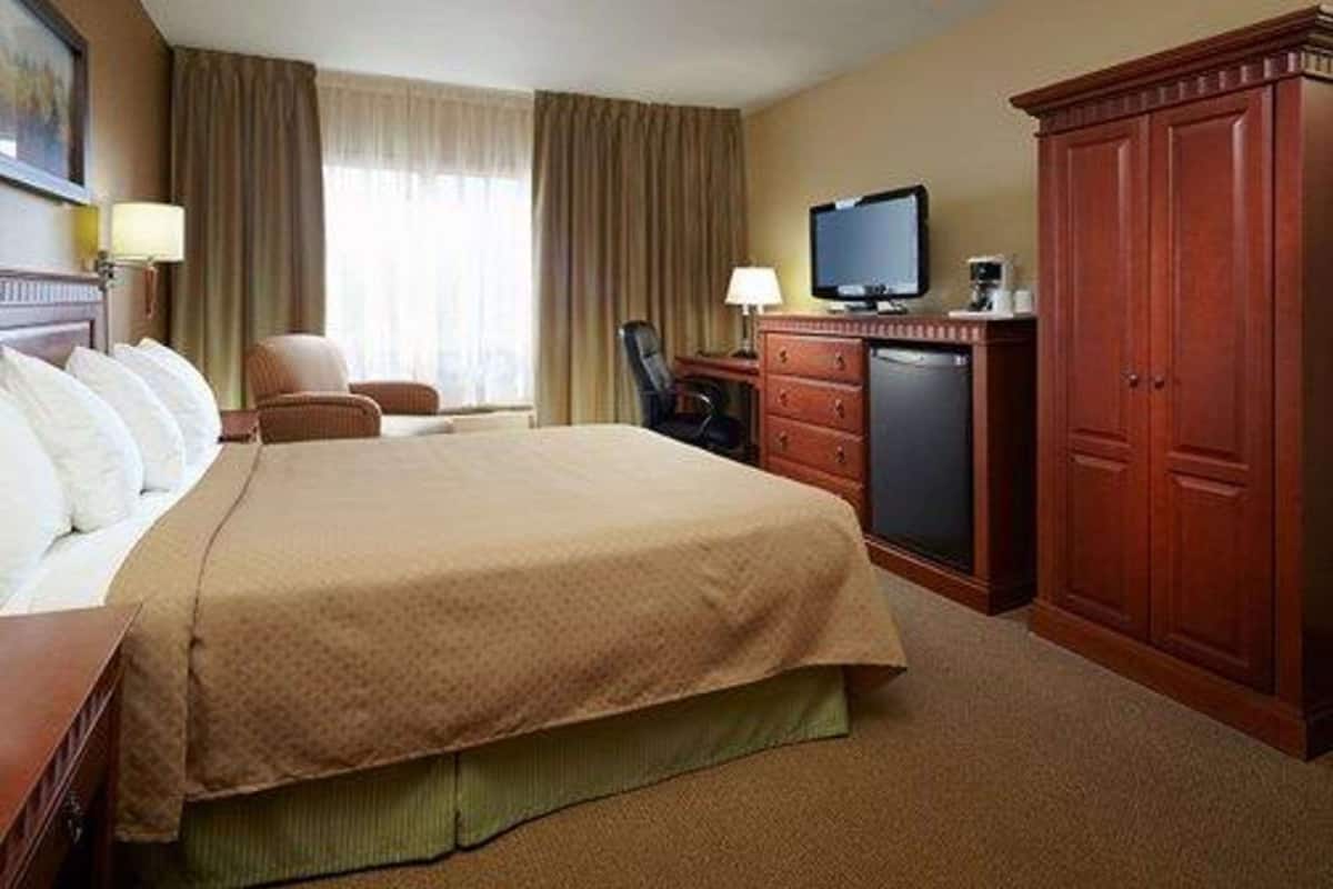 A hotel room with a large bed, a television, a desk with a computer, and a wardrobe.