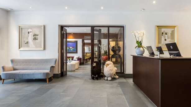 A reception area with a sofa, two poodles, a vase of orchids, and framed artwork.