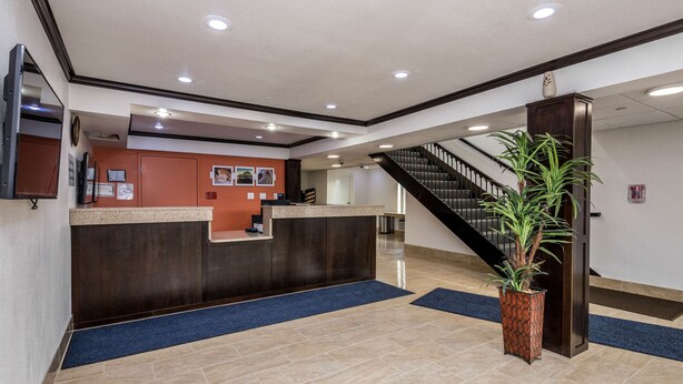 A reception area with a reception desk, a staircase, and a potted plant.