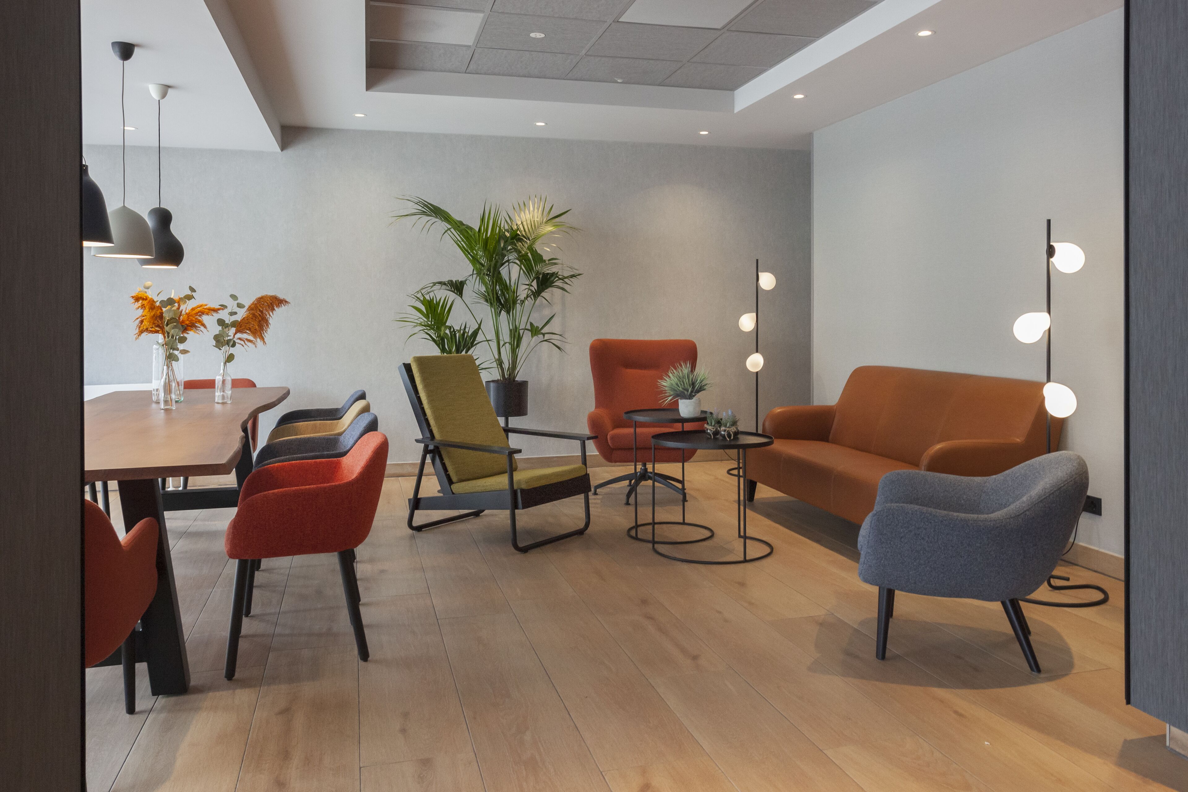 A modern living room with a wooden floor, a dining table with chairs, a sofa, a coffee table, and a potted plant.