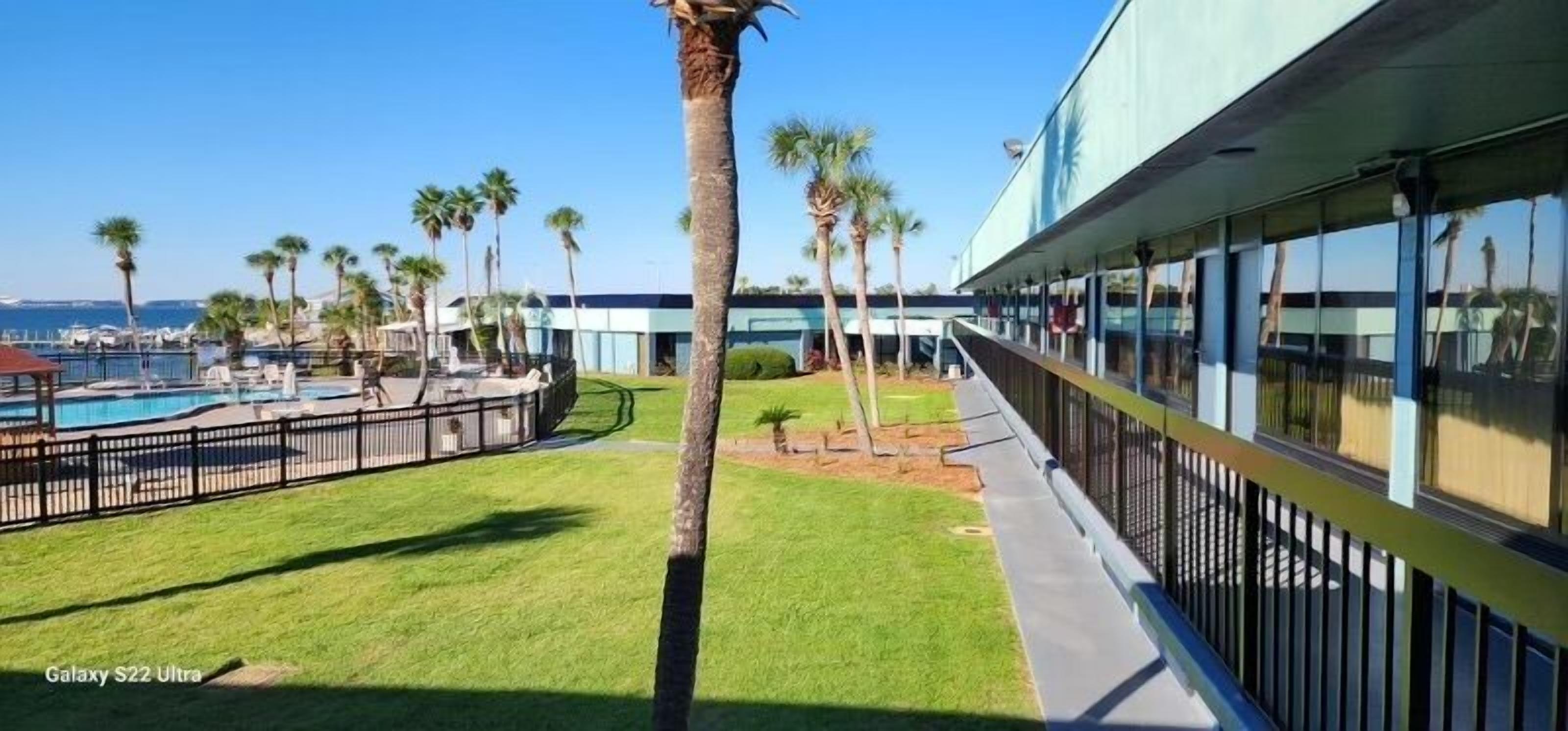 A hotel with a pool, palm trees, and a view of the ocean.