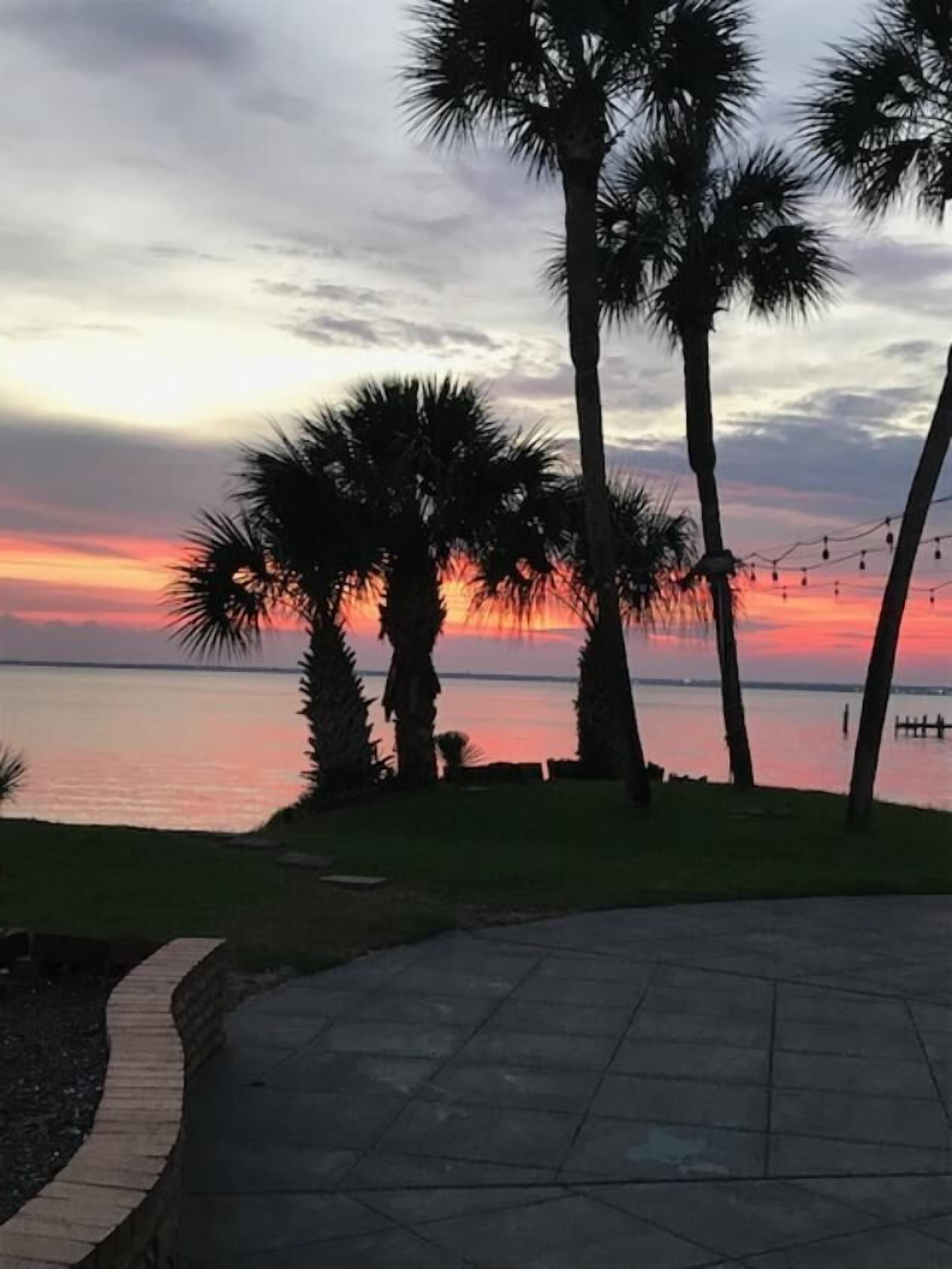 A sunset view with palm trees and a calm sea.
