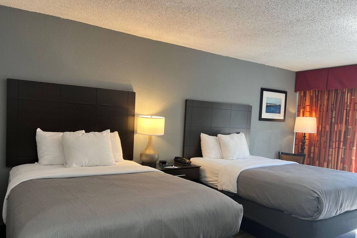 A hotel room with two beds, a nightstand with a lamp, a framed picture on the wall, and a patterned curtain.