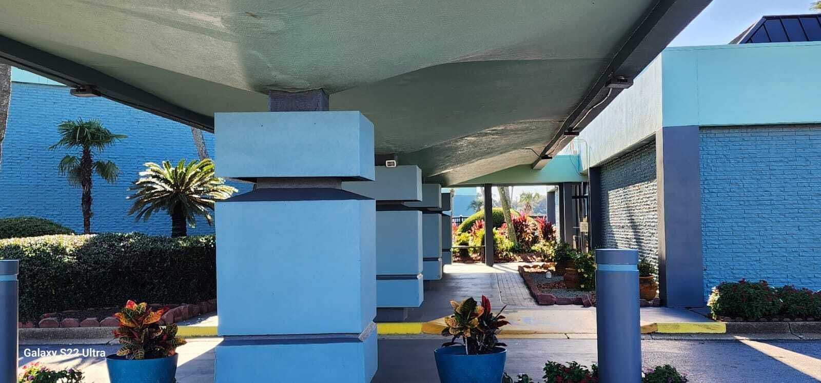 A covered outdoor area with a pathway leading to a building entrance, palm trees, and potted plants.