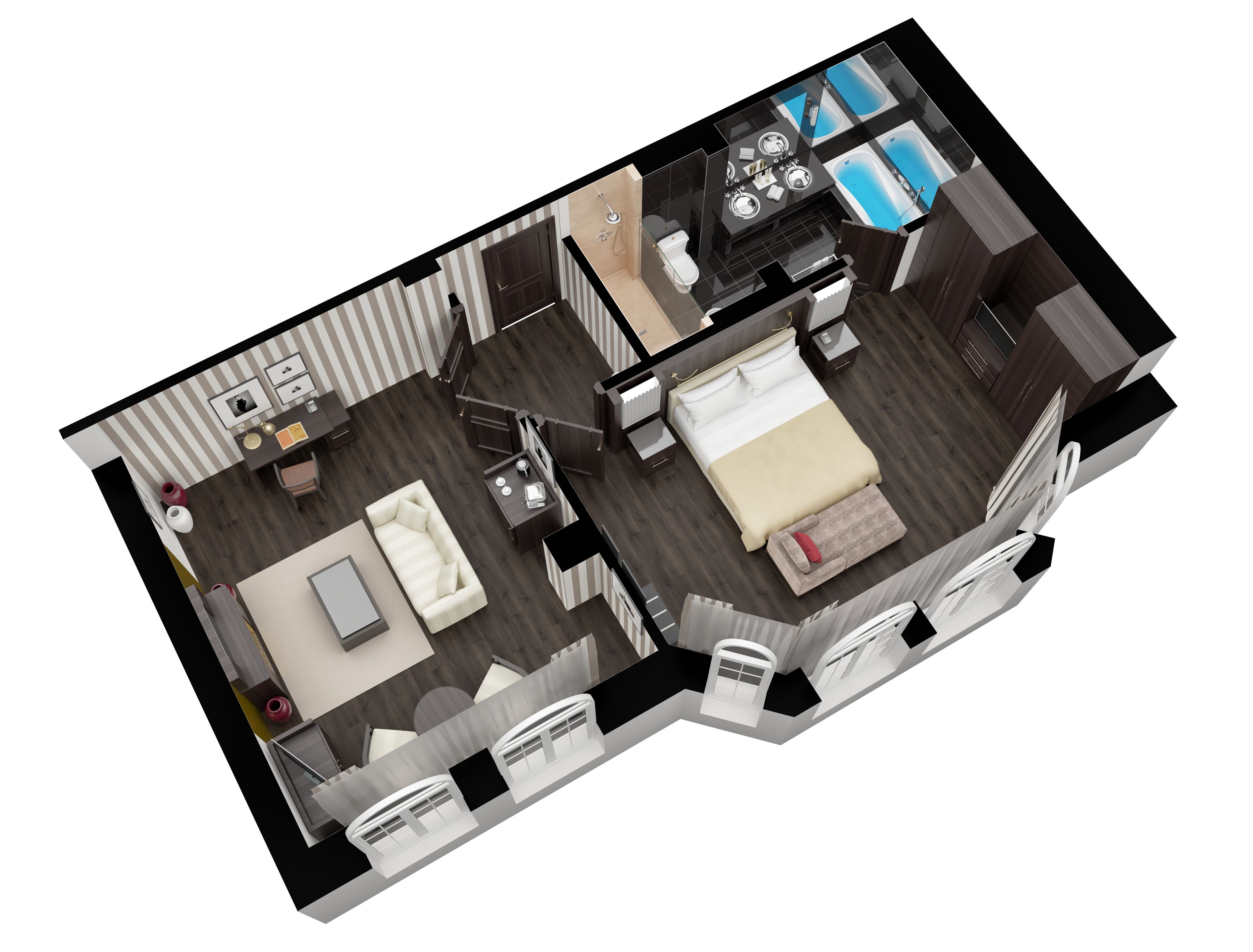 A 3D floor plan of a hotel room with a bed, a desk, a chair, a sofa, a small table, a bathroom with a bathtub, and a shower.