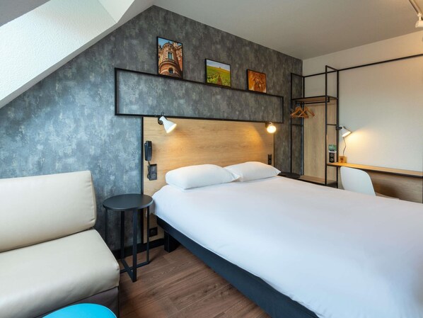 Premium bedding, desk, blackout curtains, soundproofing