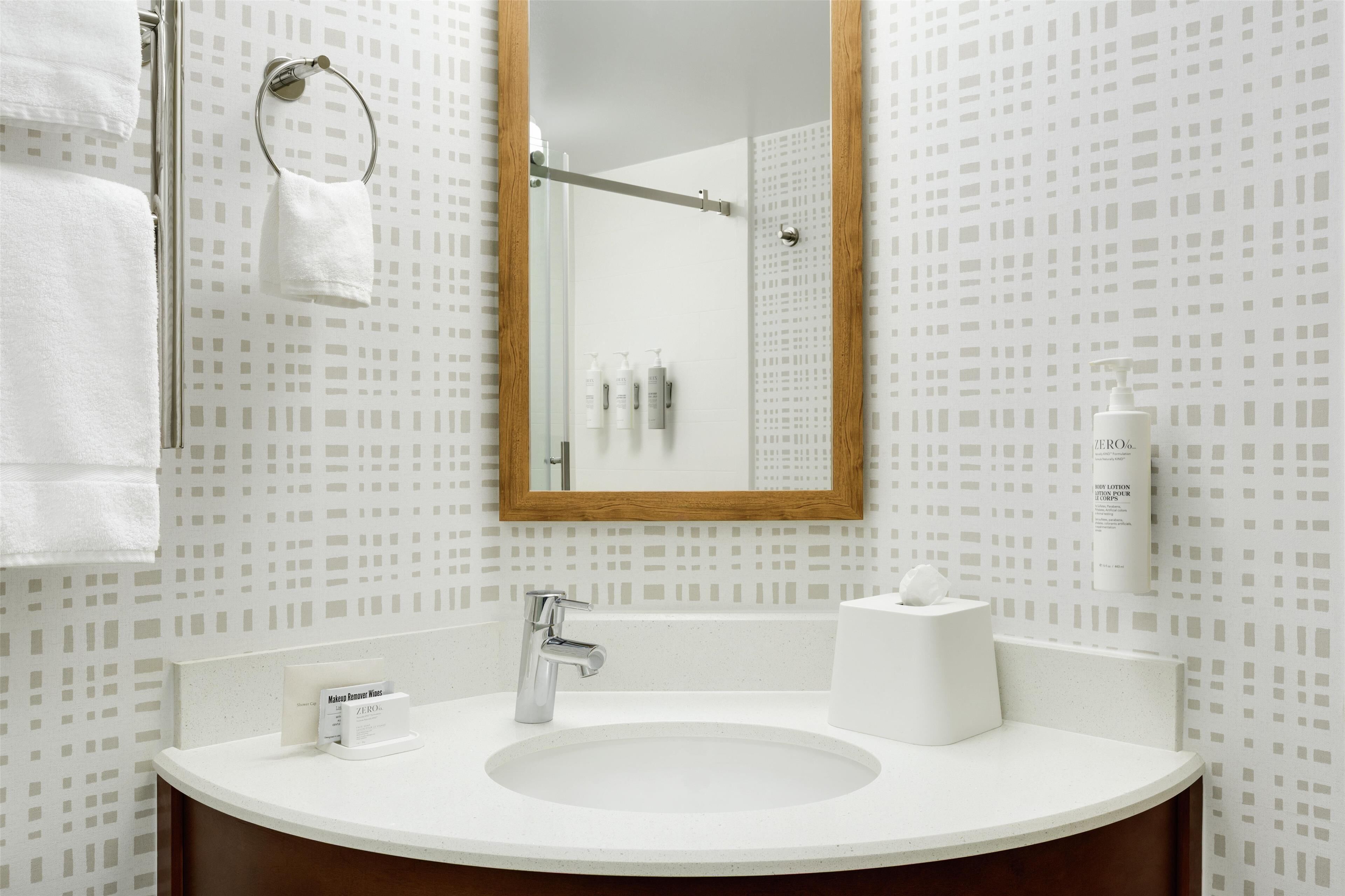 combined shower/bathtub, free toiletries, hair dryer, towels