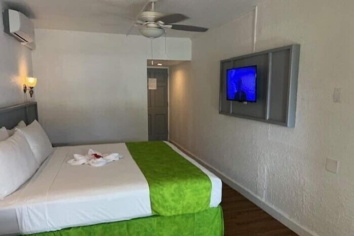 Quarto superior, 1 cama Queen | Cortinas blackout, ferros/tábuas de passar roupa, roupa de cama