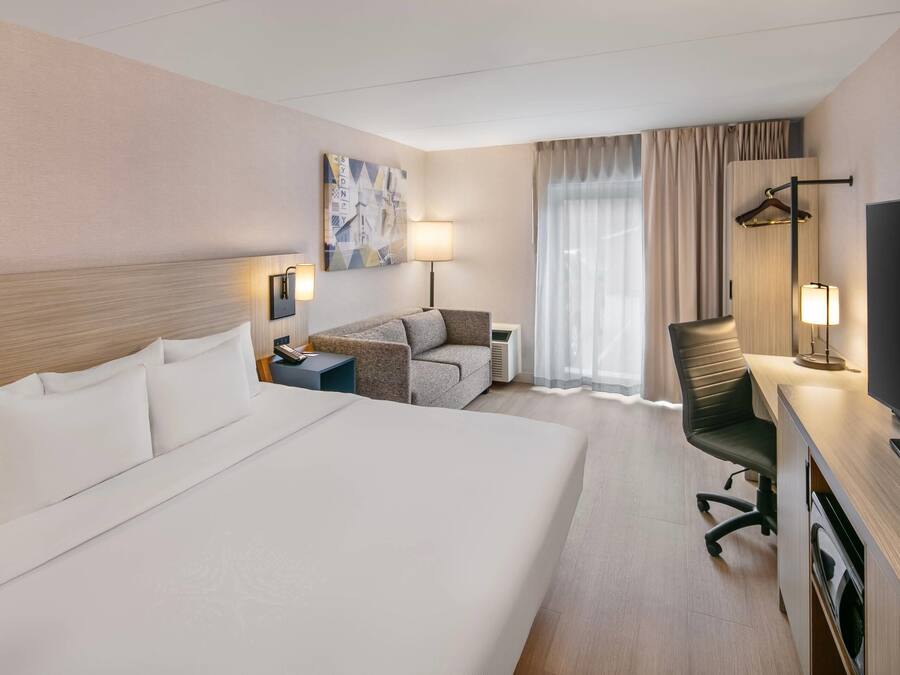 Habitación de hotel con una cama grande, un sofá, un escritorio con televisión y una ventana con cortinas.