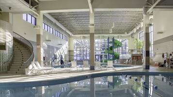 2 indoor pools, seasonal outdoor pool, pool umbrellas, pool loungers