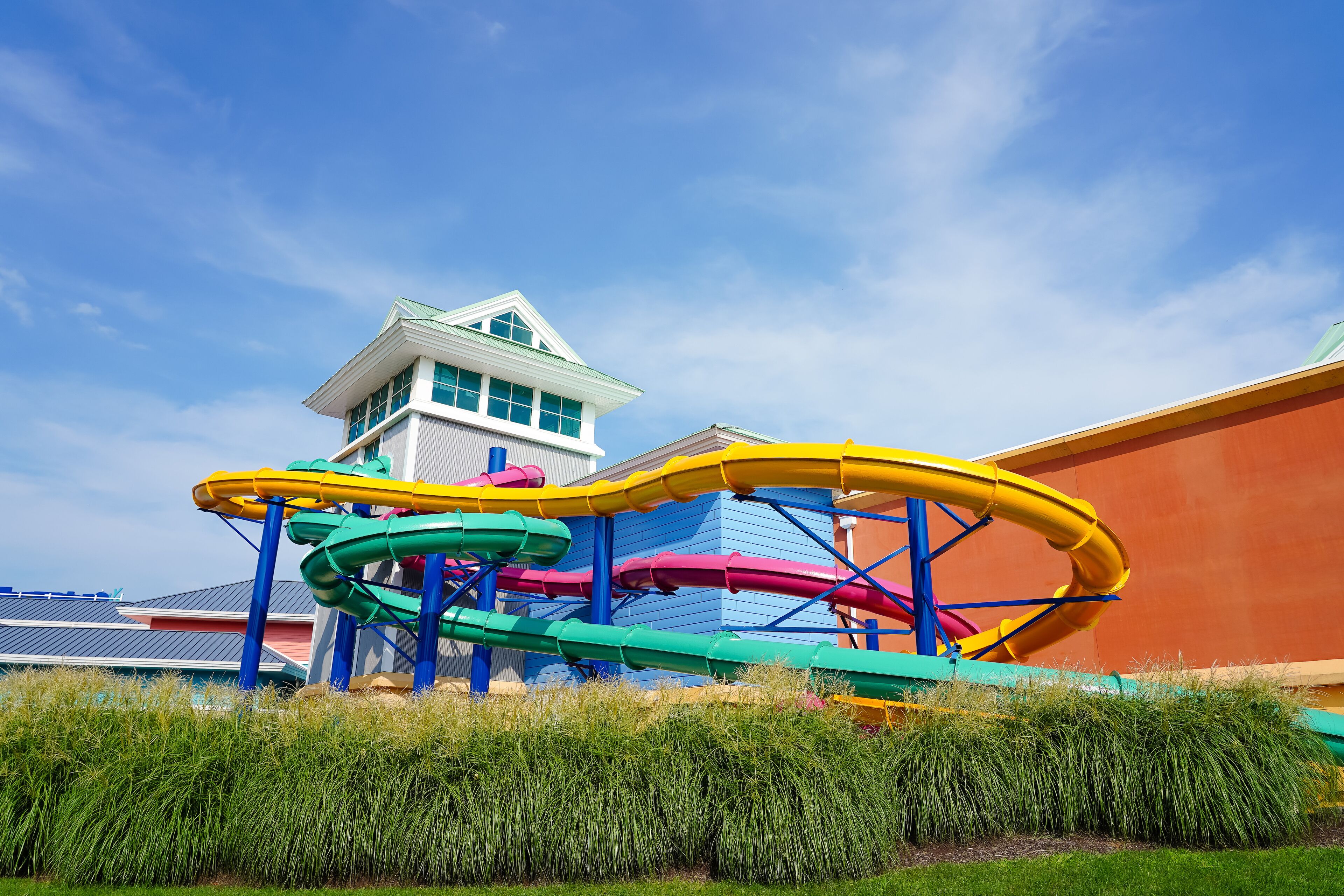 A water park with multiple slides and a tower structure.