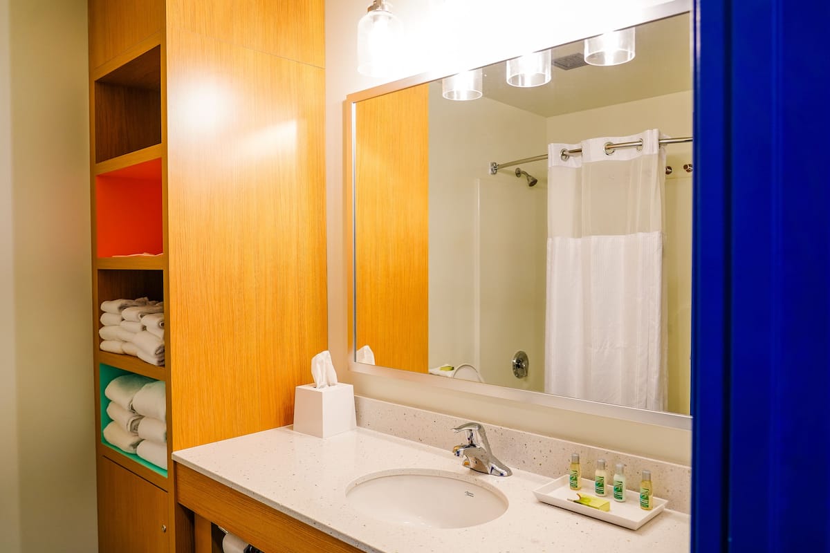 combined shower/bathtub, free toiletries, hair dryer, towels