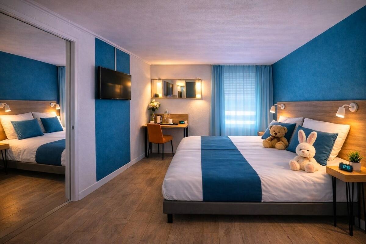 A hotel room with a large bed, a desk, a TV, and a mirror.