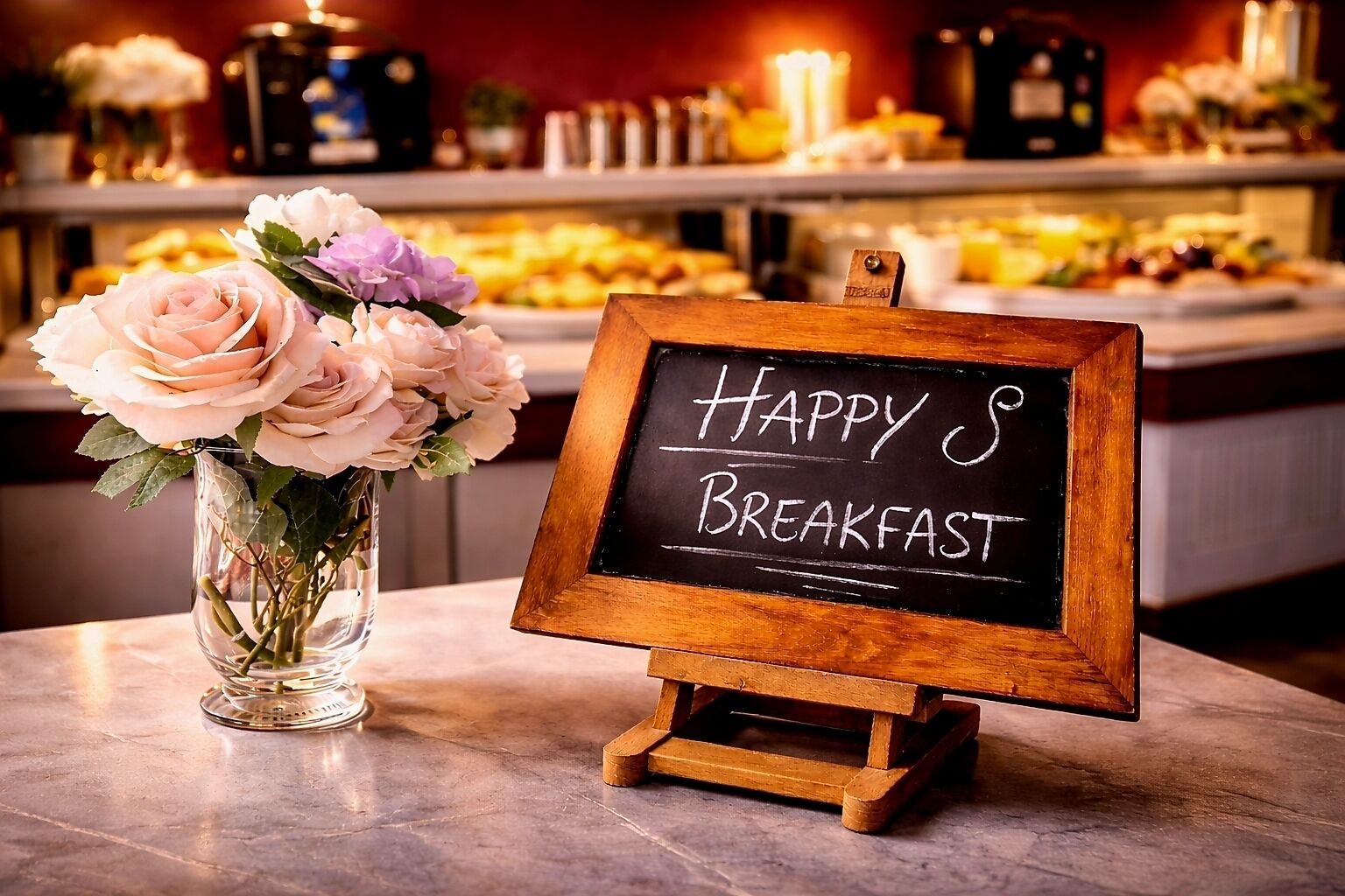 A small wooden frame with 'HAPPY S BREAKFAST' written on a blackboard, placed on a table with a vase of flowers.