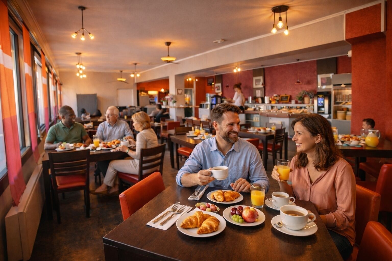 Escena de desayuno con mesas, sillas y personas comiendo.