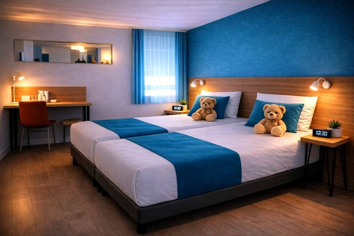 A hotel room with two beds, a desk, a chair, a mirror, and a bedside table with a clock.