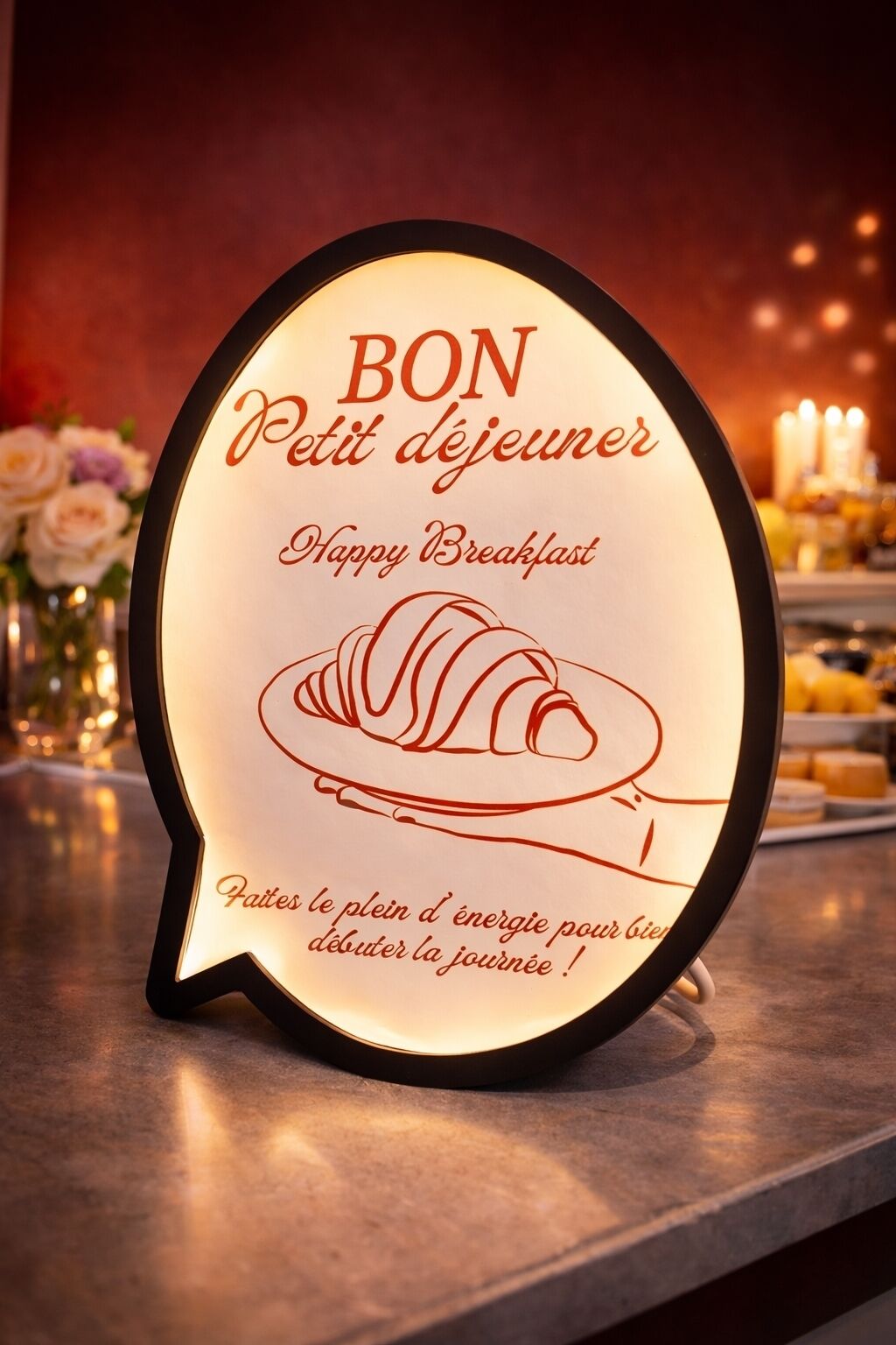 A lit-up sign with 'BON Petit déjeuner' and 'Happy Breakfast' text, a croissant illustration, and a French phrase about breakfast energy.