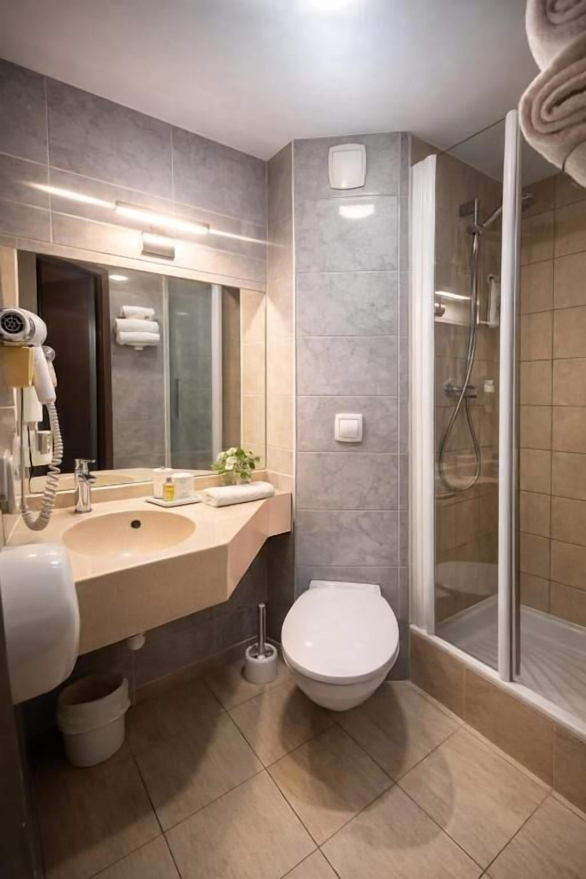 A modern bathroom with a sink, mirror, toilet, and shower.