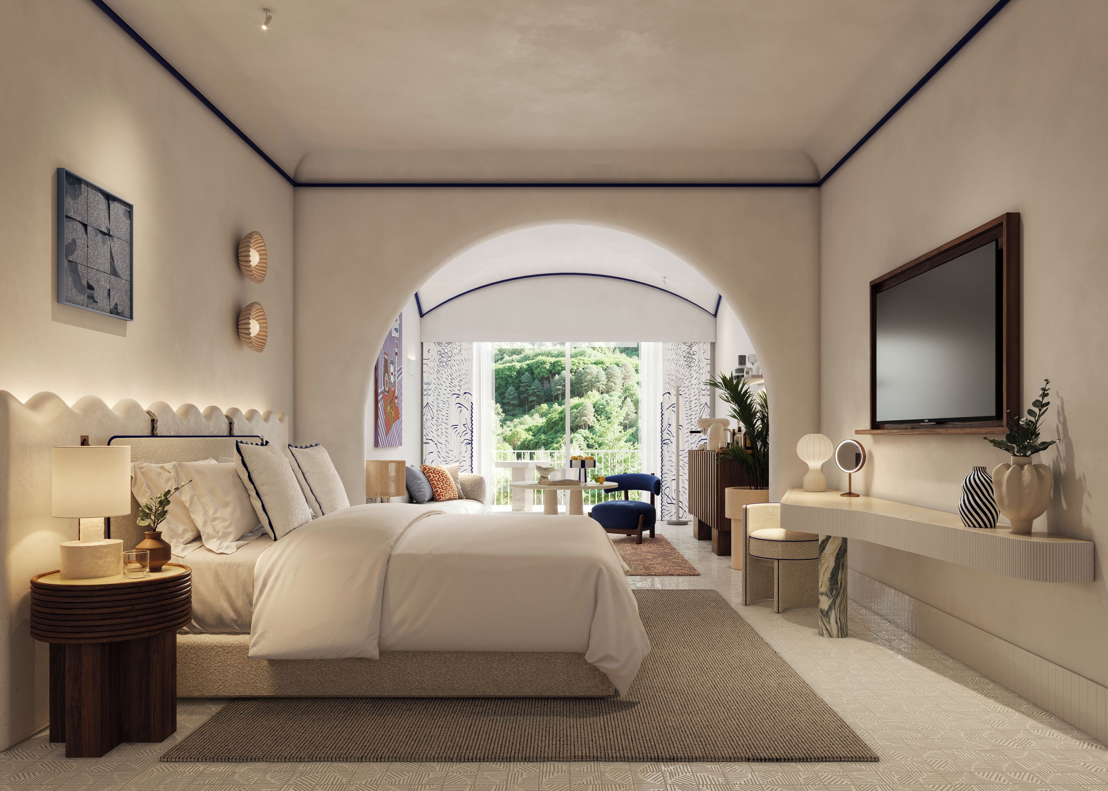 Rom – deluxe, balkong, hageområde | Italienske Frette-laken, sengetøy av topp kvalitet, dundyner og minibar