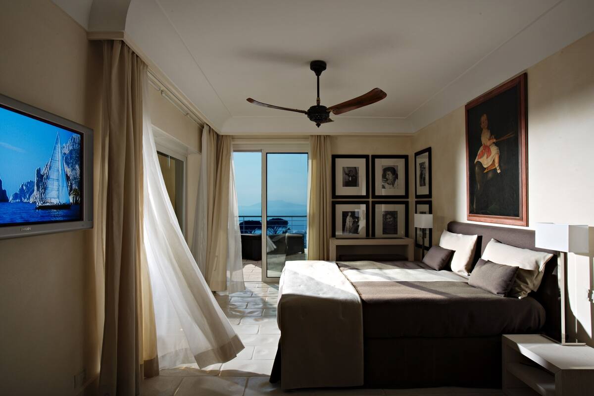 A hotel room with a bed, a television, a ceiling fan, and a view of the sea through a glass door.