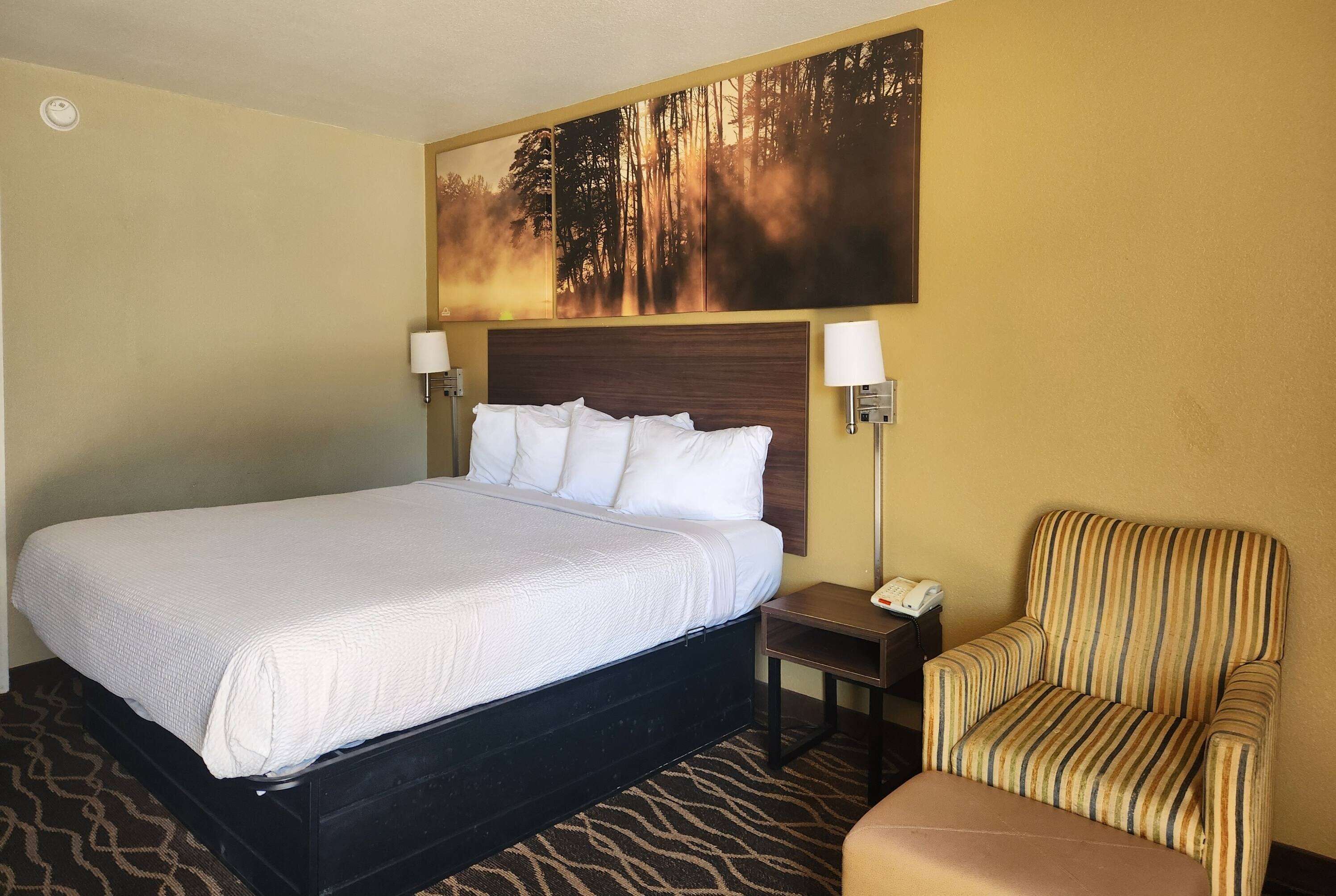 Habitación de hotel con una cama grande, una silla, una mesita de noche con teléfono y una lámpara de pared.