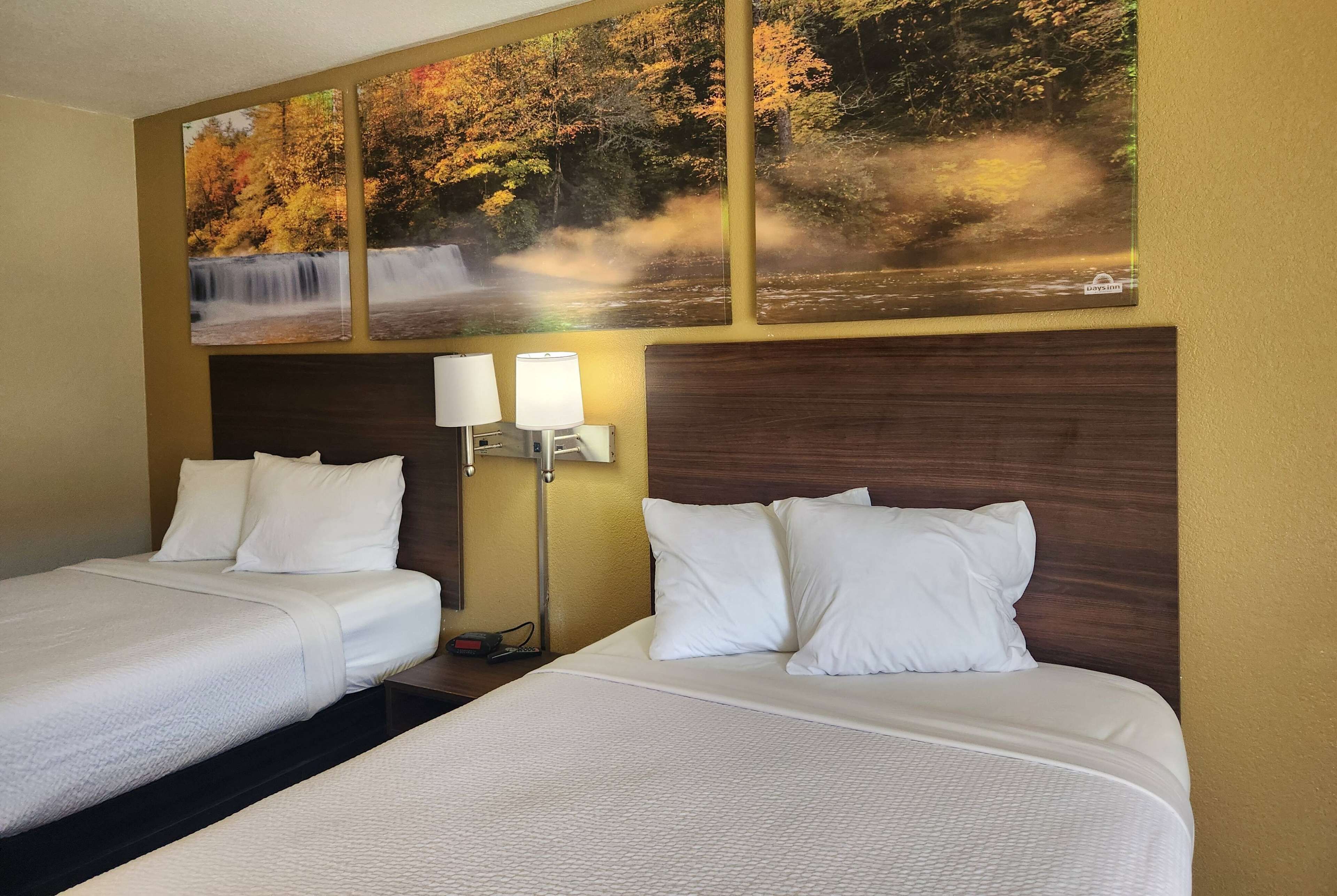Una habitación de hotel con dos camas, un cabecero de madera, una mesita de noche con una lámpara y una pared decorada con tres cuadros de temática otoñal.