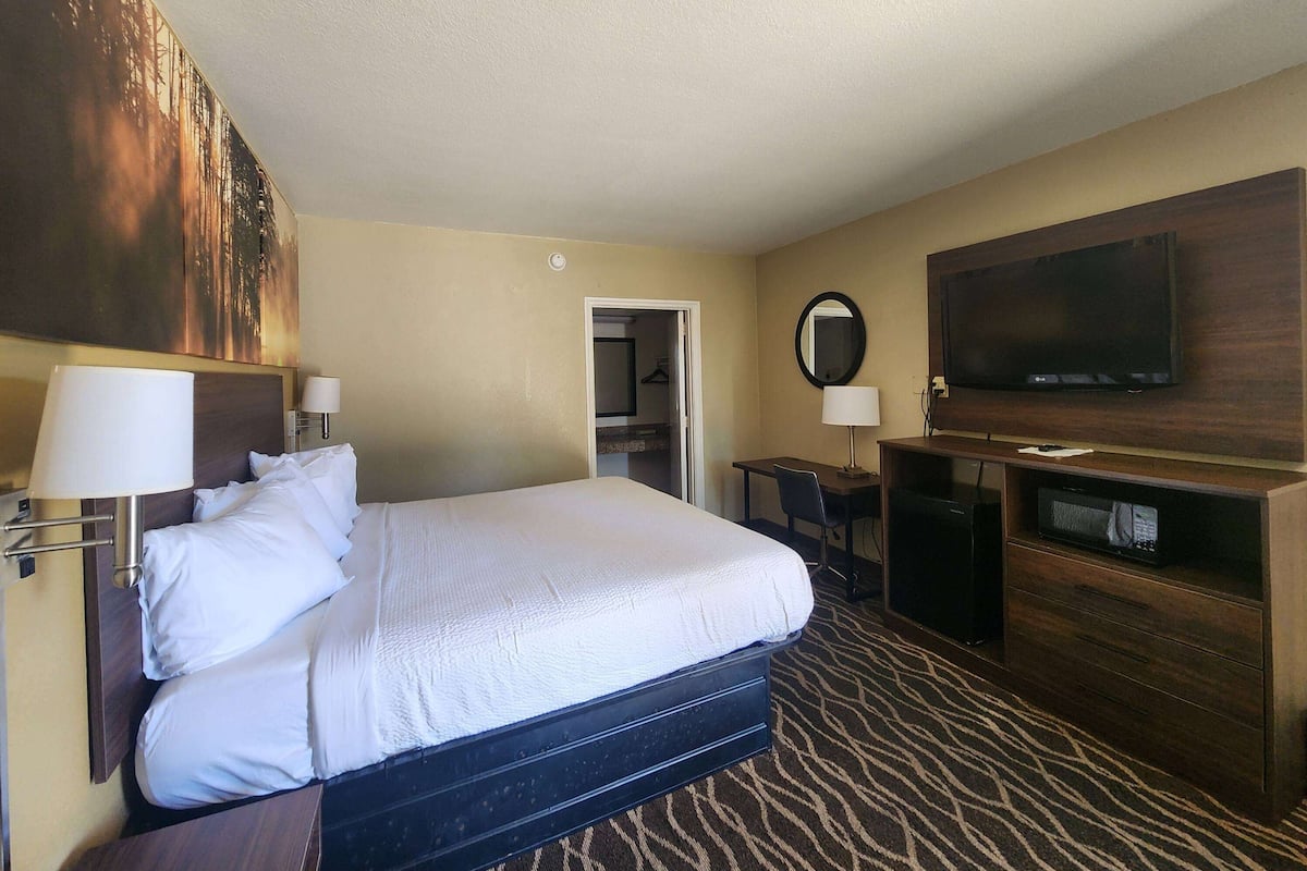 Habitación de hotel con una cama grande, un televisor montado en la pared, un escritorio con una silla y un perchero.