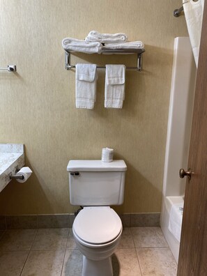 Combined shower/bathtub, free toiletries, hair dryer, towels