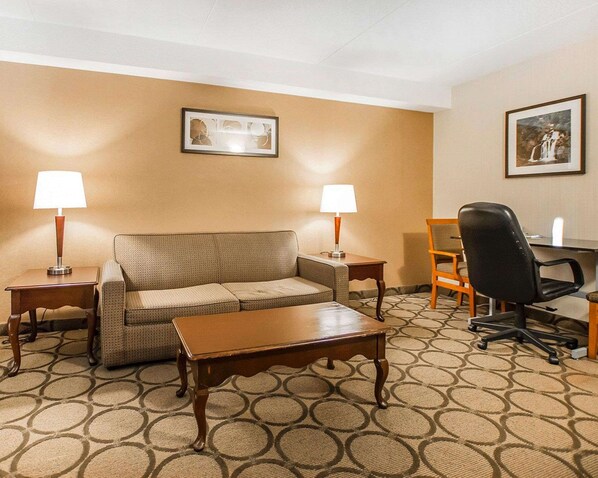 Premium bedding, pillowtop beds, desk, laptop workspace