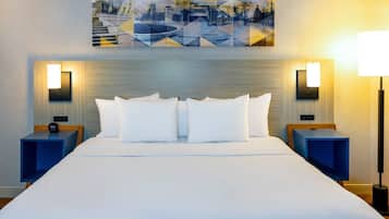 Premium bedding, pillowtop beds, desk, laptop workspace
