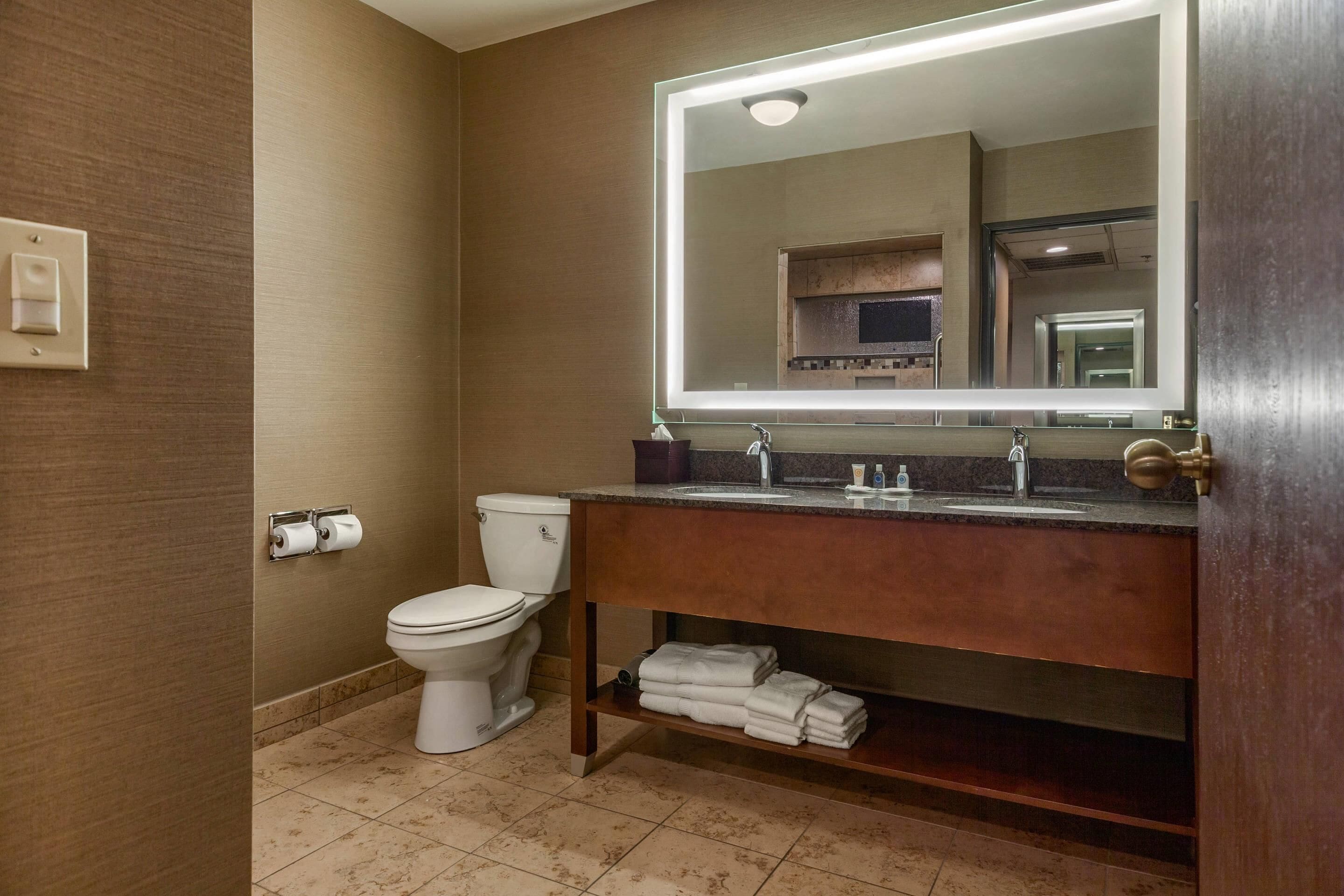 A bathroom with a toilet, sink, and a mirror.