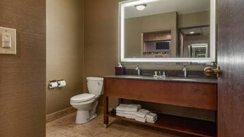 A bathroom with a toilet, sink, and a mirror.