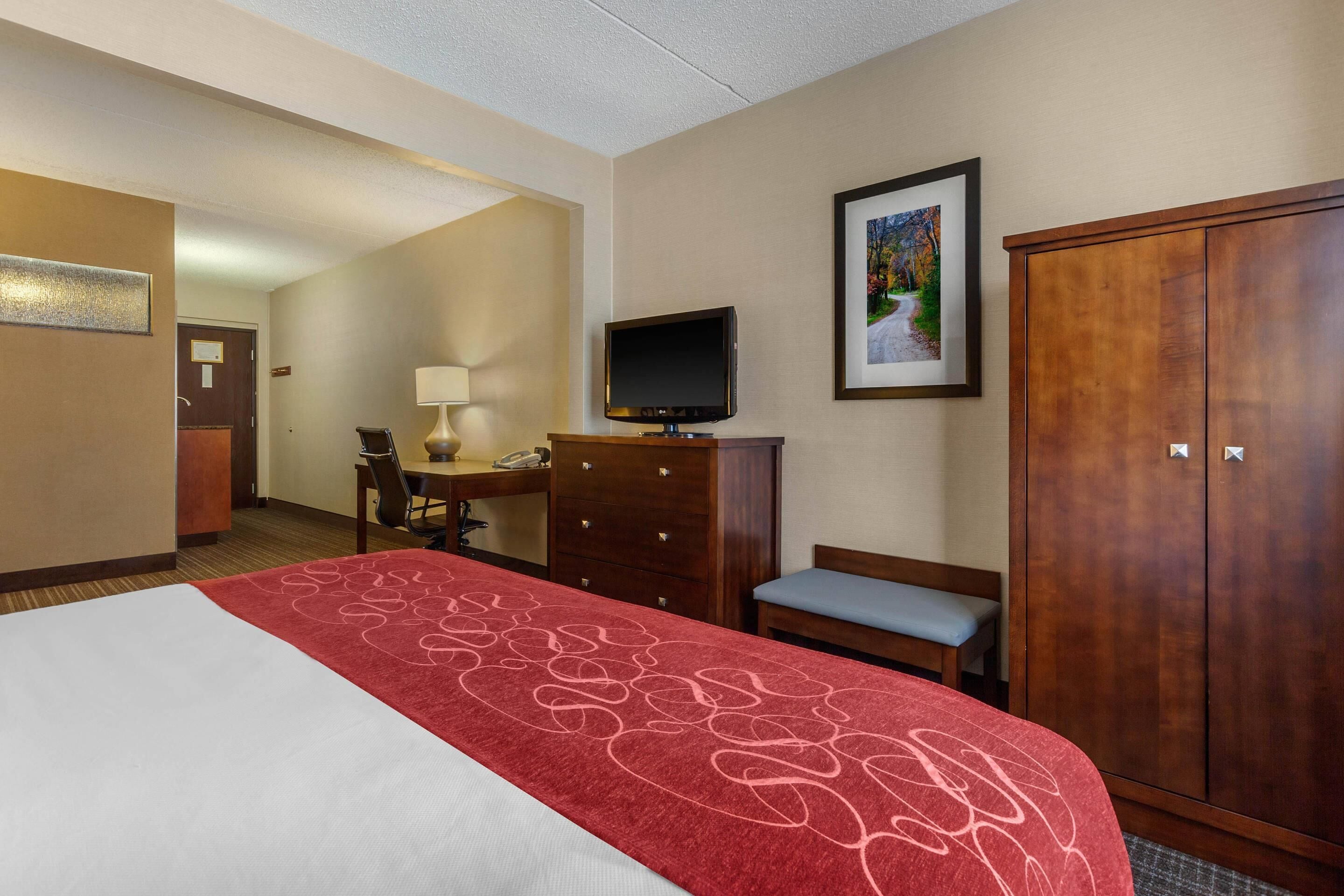 Habitación de hotel con cama, escritorio con silla, televisor, armario y un cuadro en la pared.