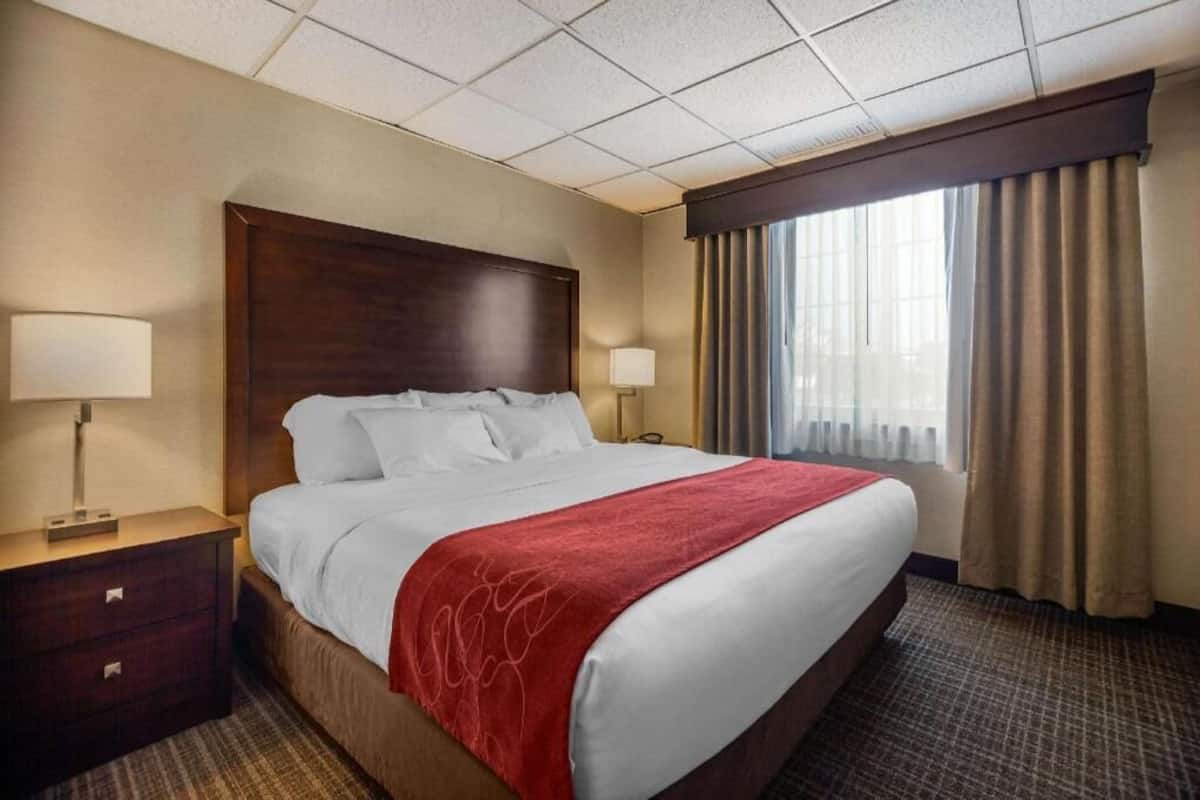 Een hotelkamer met een groot bed, twee nachtkastjes, een raam met gordijnen en een vloerbedekking.
