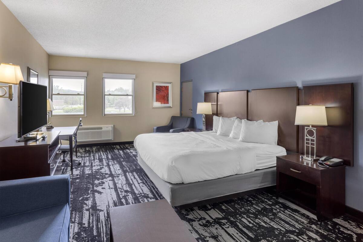 A hotel room with a bed, desk, chair, TV, and windows.