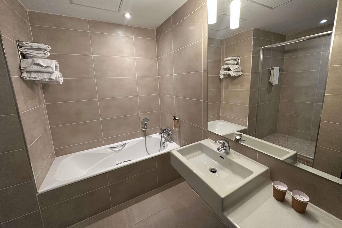 Eco-friendly toiletries, hair dryer, towels