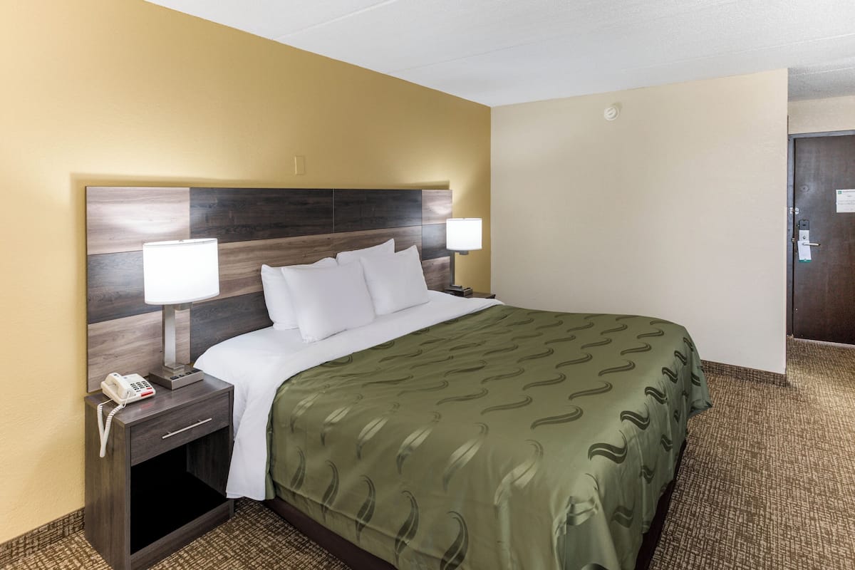 A hotel room with a large bed, two bedside lamps, a nightstand with a phone, and a carpeted floor.