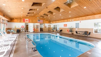 Indoor pool, open 9:00 AM to 9:00 PM, sun loungers