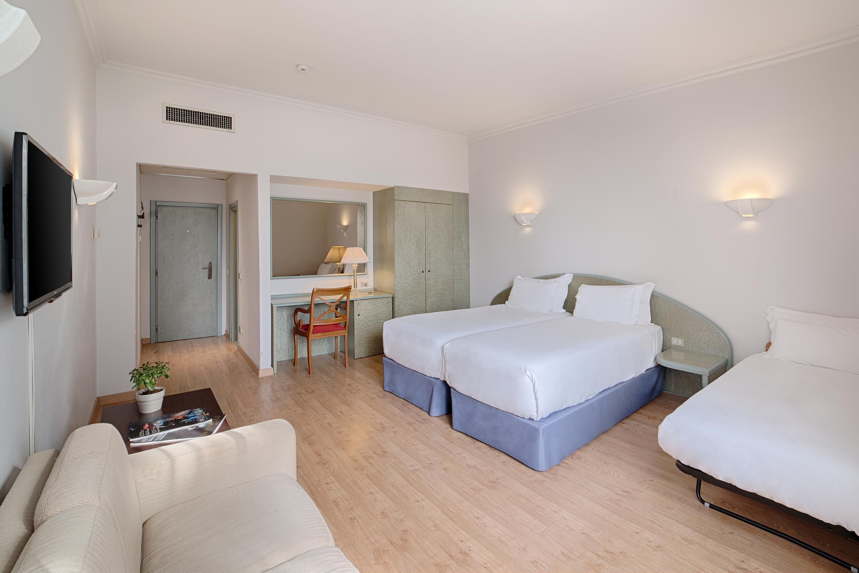A hotel room with two beds, a desk, a chair, a TV, and a small table with a plant.