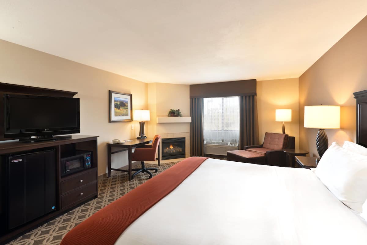 A hotel room with a large bed, a flat-screen TV, a desk with a chair, a fireplace, and a window with curtains.